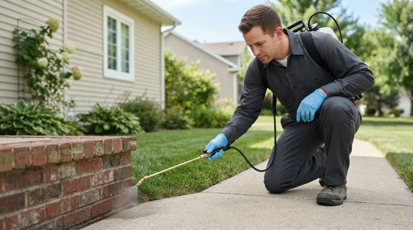 Pest control technician treating a home near Fittstown, OK