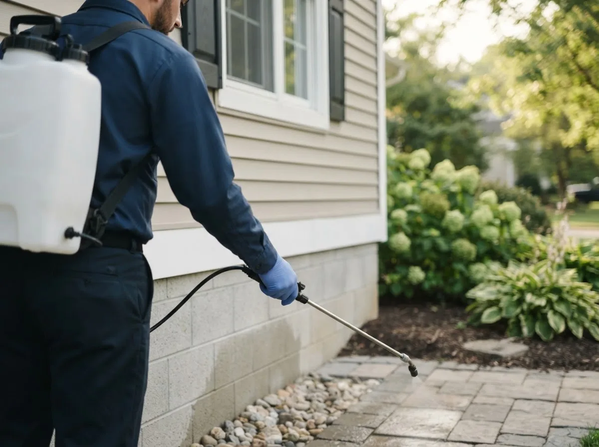 Pest control technician inspecting a home in Fittstown, OK